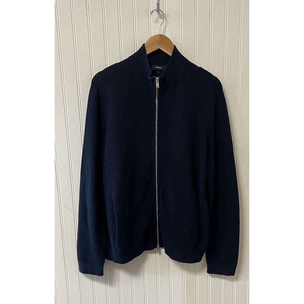 Theory Sweater Mens XL Navy Blue Full Zip Mock Neck Cotton Knit